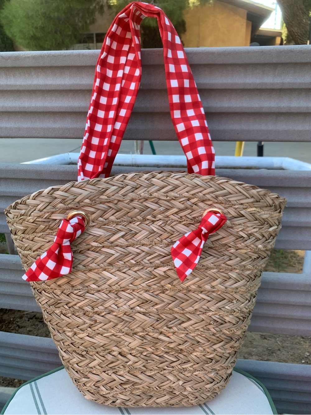 NWT Straw Seagrass Tote beach Bag with Red gingham Checkered Handles